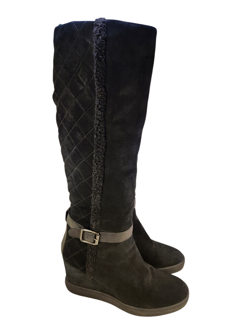 AQUATALIA TALL WEDGES PLATFORM WOMEN SUEDE BLACK QUILTED SHERPA BOOTS SIZE 10